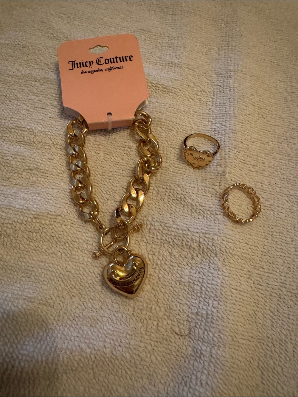 Juicy Couture Gold Heart Lock Charm Bracelet with Matching Rings